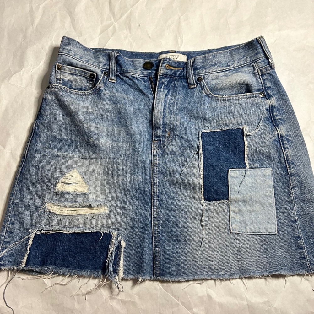 Lowrys Farm Denim Mini Skirt Patched Distressed Frayed Hem Light Wash